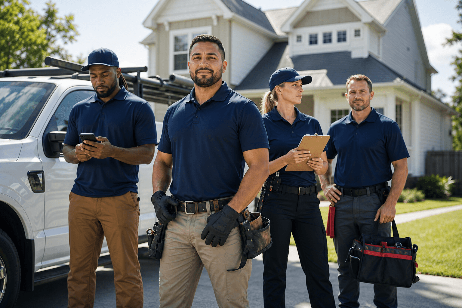 American home service crew standing near a service truck in front of a suburban home
