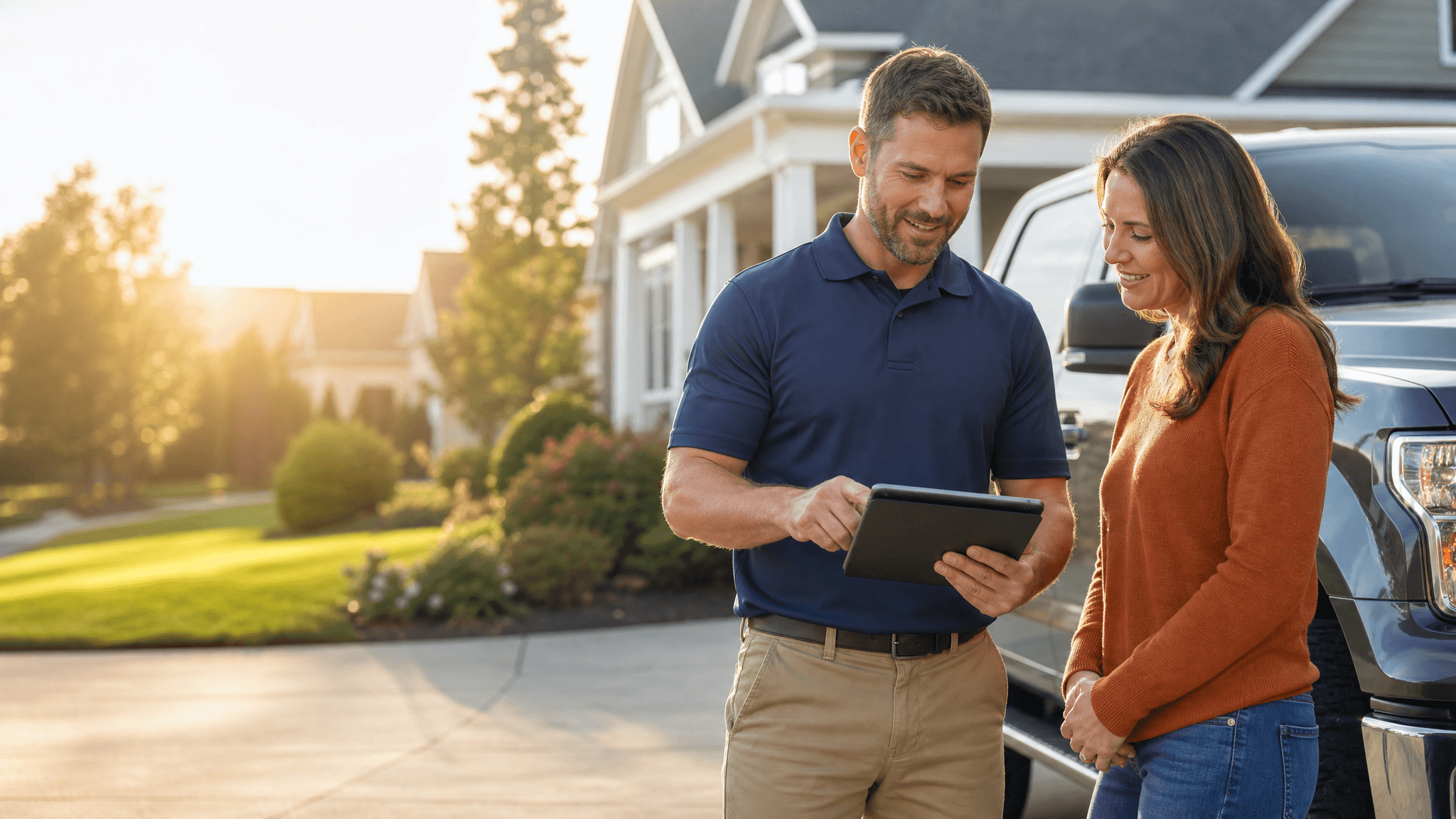 American home service contractor reviewing a proposal with a homeowner in a suburban driveway